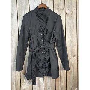 Willi Smith Black Ruffle Trench Jacket Belted L